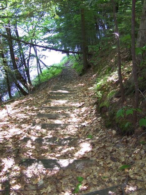portage trail around dam. Upstream takeout is up a set of long, steep stairs.