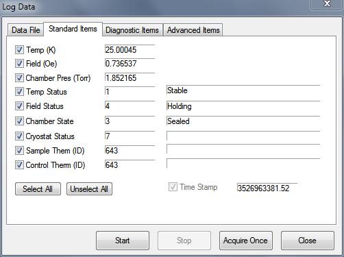 Appendix B Section B.2 Diagnostic Software Background Log Figure B-2. Standard Items Tab. B.2.2 Diagnostic Items The diagnostic items tab contains detailed information about the instrument state that is useful for troubleshooting.