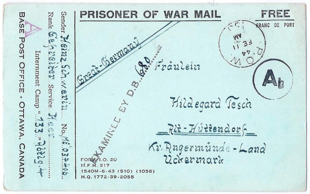 00 Item 243-28 Prisoner of war mail (Camp 133) 1944, POW postcard