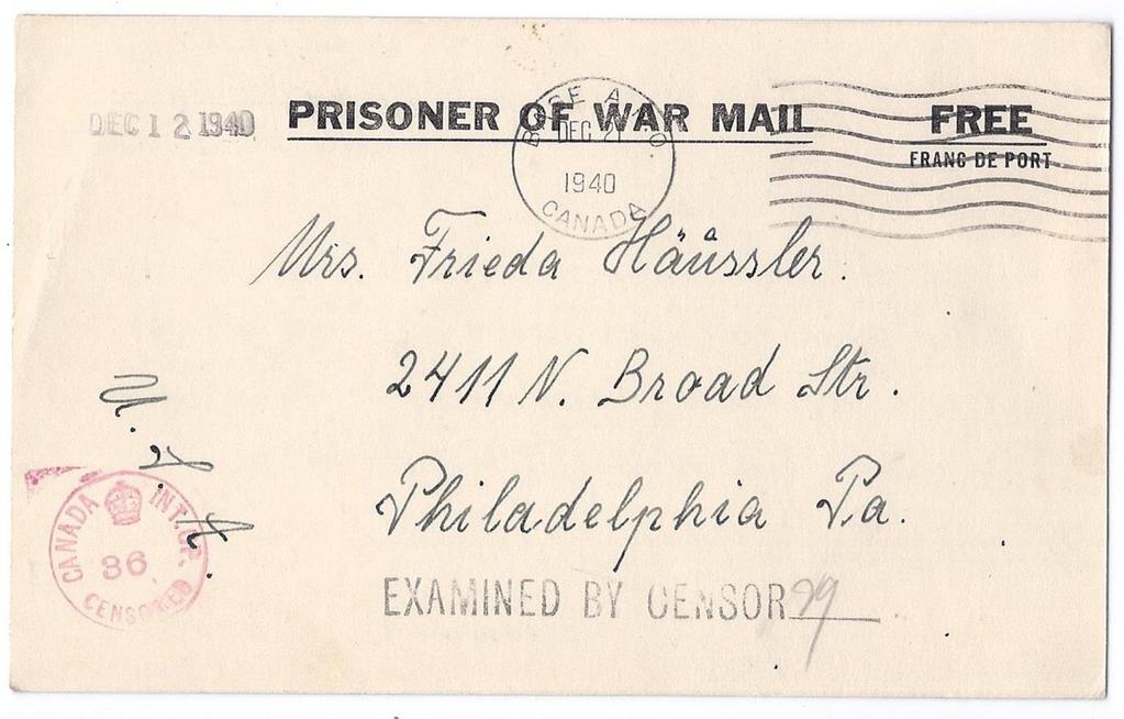 $75.00 SOLD Item 243-30 Prisoner of war mail (Camp 22) 1940, POW