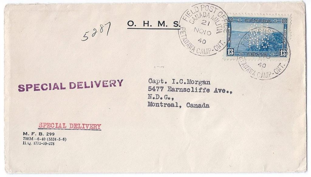 Item 243-02 Rare 5-Hole OHMS from FPO 1940, 13 5-hole OHMS (#OA242) tied by FPO Canada Militia