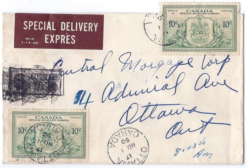 00 SOLD Item 243-09 Ottawa local special delivery 1950, E11 (2) tied by Ottawa cds on cover overpaying 13