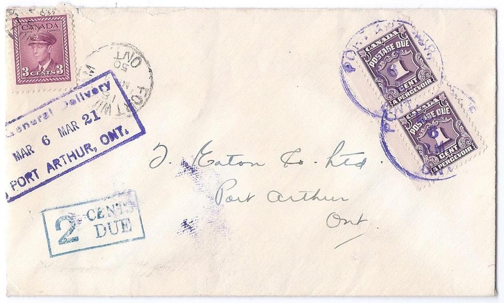 Item 243-10 Fort Willam to Port Arthur 1950, 3 War tied by Fort William cds attempting to pay