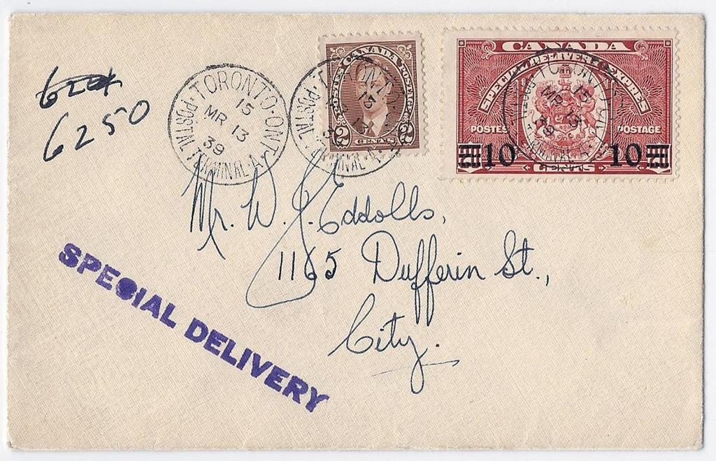 Item 243-12 E9 in proper time period 1 month 1939, 2 Mufti, E9 10 Special Delivery tied by