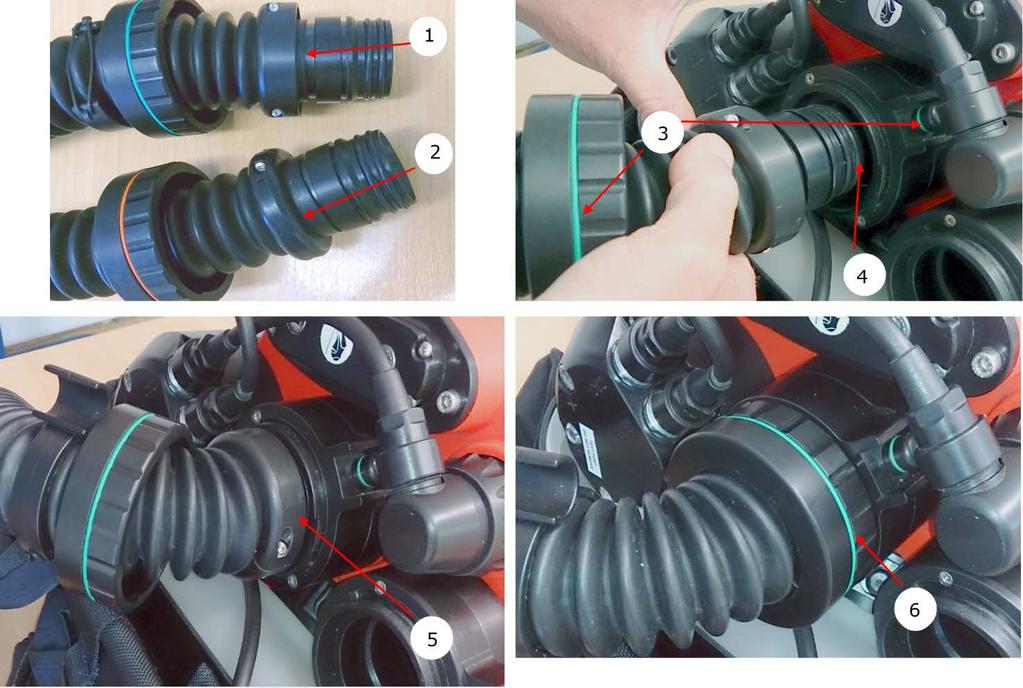 1. Exhale hose end with cupped collar. 2. Inhales hose end with rounded collar. 3. Note colour coding of hose and hose port release button. 4.
