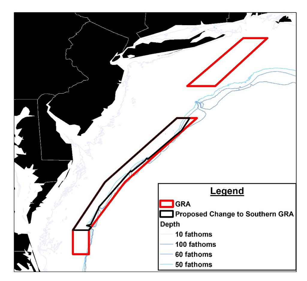 Figure 4: The Northern and Southern scup Gear Restricted Areas (GRAs), as currently configured (in red), shown with the proposed modification to the Southern GRA (in black).