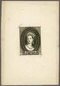 108 223 Corinphila Auction 31 May 2018 1855, Chalon Heads, London Printing 3292 3292 1854, Perkins Bacon Original Die Proof by Humphrys, printed in deep black on thick card, 53 x 78 mm.