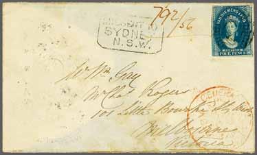 red. Reverse, two side flaps missing, struck with SHIP LETTER / SYDNEY in black (Nov 6) and front with scarce 'MISSENT TO / SYDNEY / N. S. W.' in black and docket number in red.