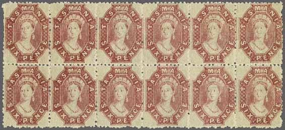 12,a fine horizontal strip of six in this scarce shade, marginal from top of sheet, fresh and very fine with the stamps unmounted og.