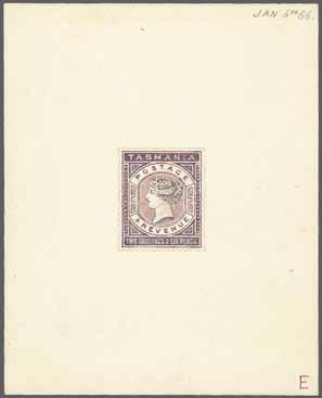 , with the Essay drawn in green including the value, POSTAGE & REVENUE and head-plate in this colour, the central frame, TASMANIA and triangles at base being picked out in Chinese white and the