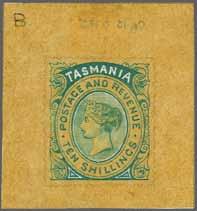 , with the Essay drawn in green including the POSTAGE & REVENUE and head-plate in this colour, the central circle, TASMANIA and TEN SHILLINGS being picked out in Chinese white and the perforations in