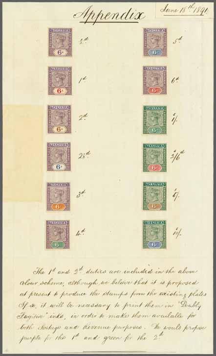 128 223 Corinphila Auction 31 May 2018 3363 3363 De La Rue Colour Scheme submitted to the Tasmanian Postal authorities for the Key / Duty Plate uniform design, with twelve imperforate examples of the