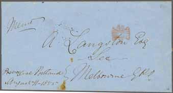 6 150 (205) 1855: Part cover, no side flaps, mailed to Melbourne with manuscript "Post Office Portland / August 11, 1855" at lower left, struck on arrival in Melbourne with