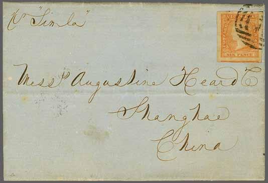 dull reddish brown, imperforate, a huge margined example with portion of adjoining stamp at base, used on 1858 entire letter endorsed