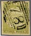 yellowish green, on greyish horizontally laid paper, positions 18-19, a used horizontal pair with ample even margins all round, showing the 'No Whip' plate varieties on each stamp, cancelled by