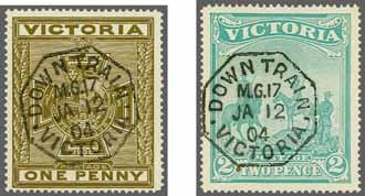) emerald green, each neatly cancelled by 'DOWN TRAIN / M.G.17 / VICTORIA' octagonal datestamps in black. A charming set Gi = 300+.