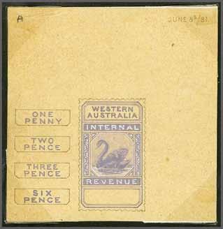 223 Corinphila Auction 31 May 2018 197 Postal Fiscals 3577 3577 1881: De La Rue Essay for the Internal Revenue issue, handpainted in mauve on tracing paper, 76 x 79 mm.