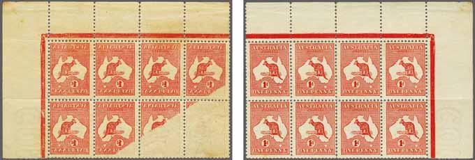 Kangaroo, Die I, Imperforate, printed in dull carmine on thick buff card paper, a block of eight divided by interpanneau