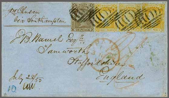 grey-brown on bluish wove paper, vertically creased by file fold, margins generally fine for these issues, used on 1853 cover, no side flaps, from Sydney to Tamworth