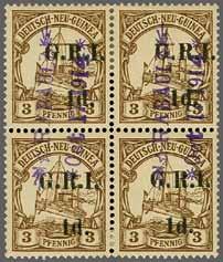 236 223 Corinphila Auction 31 May 2018 Stamps of German New Guinea surcharged 1914, G.R.I and Value 6 mm apart variety 'I' for '1' German New Guinea Post Office 3688 3689 3688 3689 1 d. on 3 pf.