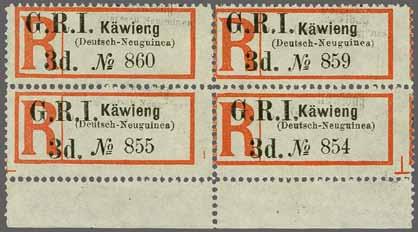 ' on Käwieng labels (#860-859 / 855-854), Setting A, positions 1-2/1-2, a fine unused block of four with '(Deutsch - Neuguinea)', marginal from base of sheet, small diagonal bend in margin not