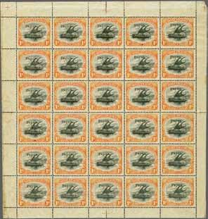 14 on thick paper, a complete sheet of 30 (5 x 6) with position 16 showing "Inverted 'd' for second 'p' in 'Papua' overprint, position 28 with 'Unshaded leaves at lower left' variety.