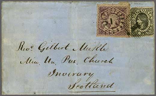 black, on 1864 cover from Deniquilin (on the Edward River on the border with Victoria) to Inverary, Scotland tied by sunburst "51" numeral