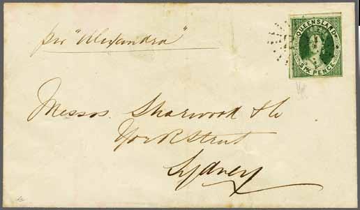 stamp above, used on 1864 envelope to Sydney endorsed 'per Alexandra', tied by "201" numeral obliterator in black.