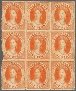 13, a magnificent unused block of four in the scarce shade, of delightful colour and appearance, sensibly reinforced on reverse, fresh and fine,