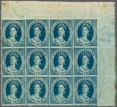 12½ x 13, an unused block of six (3 x 2), of good colour and typically erratic perforations, one stamp with some aging on