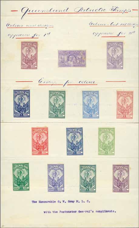 223 Corinphila Auction 31 May 2018 71 3195 3195 Sheet headed "Queensland Patriotic Stamps / Colour and design approved for 1 d. / Colour but not design approved for 2 d." and showing 1 d.