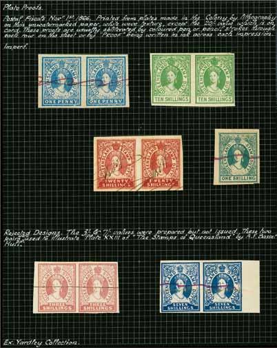 rose and 7 s. deep blue values similarly defaced. A scarce group. F1-F8 200 (270) Lithographed Proofs for the Stamp Duty series, Imperforate, for 1 d. pale blue in a pair, 1 s.