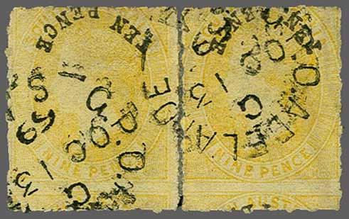 223 Corinphila Auction 31 May 2018 85 1869, Ten Pence inverted surcharge 3233 3233 'Ten Pence' in black on 9 d. yellow, wmk.