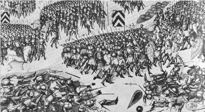 French men-at-arms at Agincourt cut off by the English archers from the protection of their main body.