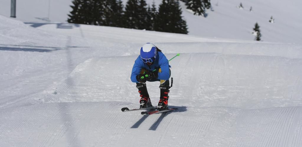 Straight run in wave track Goal: In an aerodynamic position, maintain constant snow pressure while managing rolling terrain using flexion and extension.