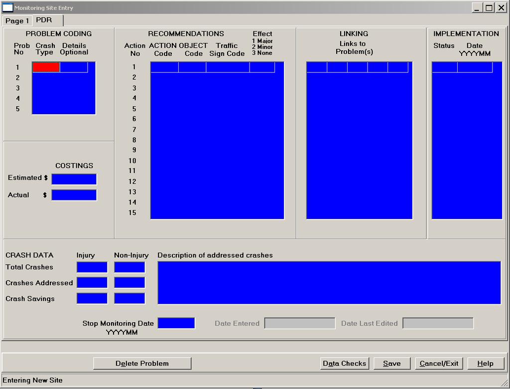 Figure 6-5: Monitoring site data entry screen 2 The second screen is used to identify the crash issues at the site and explicitly links the proposed solutions to the problems and the expected crash