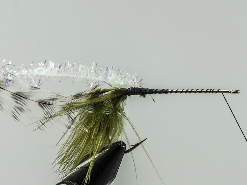 Step Two: Tie in a grizzly hen feather. Tie in by the tip with the shinny side toward you. The fibers of the feather should be about the length of the gape of the hook.