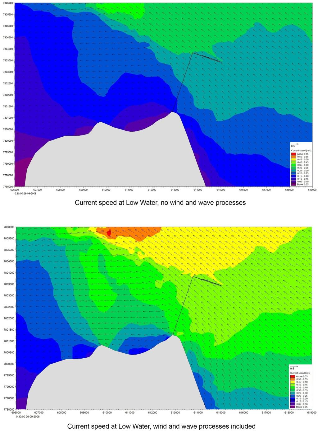 Figure 3-48 Modelled tidal current vectors and speeds at low water with and