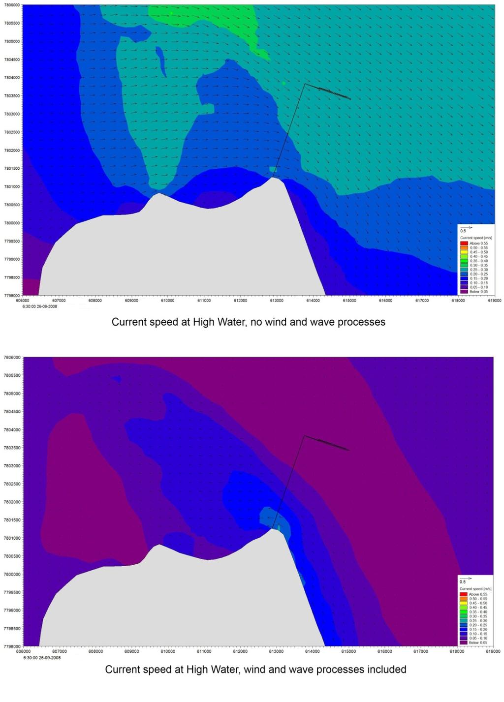 Figure 3-49 Modelled tidal current vectors and speeds at high water with and