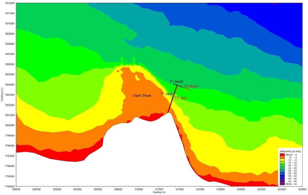 Figure 3-51 Bathymetry around Abbot Point Figure 3-51 and Figure 3-52 show the nearshore bathymetry at cross-sections at five locations along Abbot Beach, at the existing jetty location and one