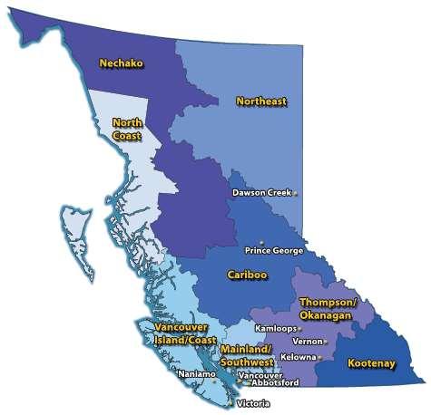 Northern BC = North Coast, Nechako and Northeast Southeastern BC =