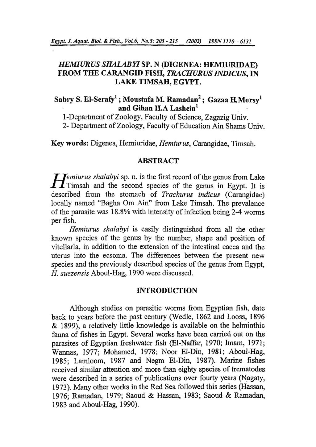 Egypt J. Aquat BioL & Fish., VoL6, No.3:203-215 (2002) ISSN 1110-6131 HEMIURUS SHALABYI S. N (DIGENEA: HEMIURIDAE) FROM THE CARANGID FISH, TRACHURUSINDICUS, IN LAKE TIMSAH, EGYPT. Sabry S.