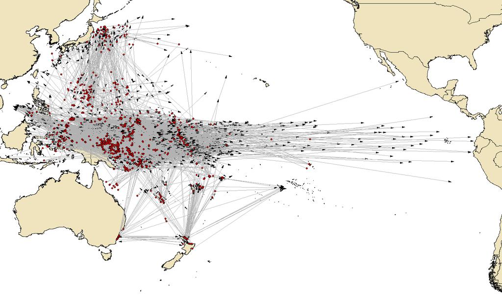 Figure 2: Map of the movements of tagged skipjack