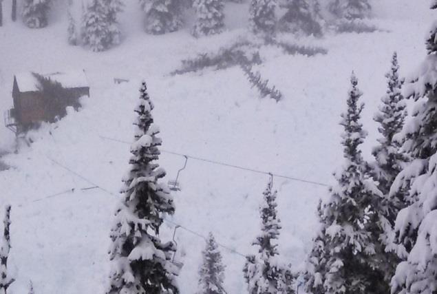 Additional explosives triggered three more large deep wet slabs in areas closed to skiing. We limited testing to avalanche areas where teams could operate with a reasonable degree of safety.