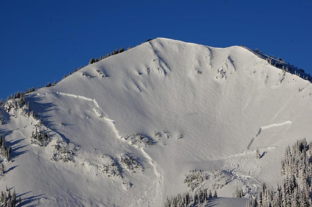 Figure 7: The Powder Bowl avalanche released on March 10 th. The slide on the right was triggered sympathetically. New snow had fallen before this picture was taken.