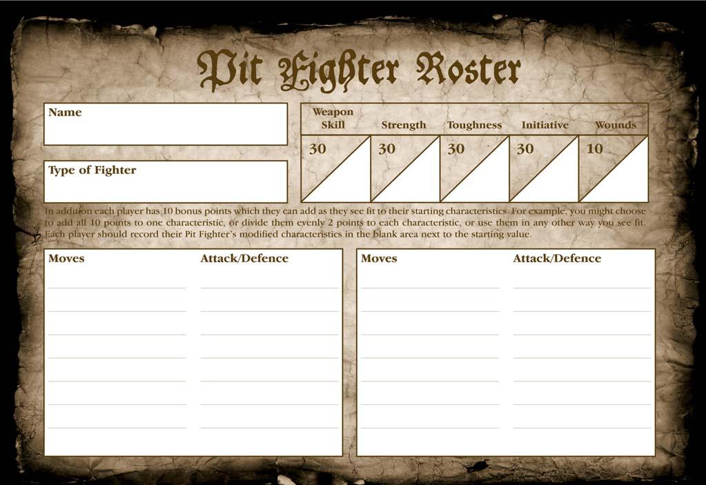 2.3 Complete Roster At the start of a game each player must fill in a roster for their Pit Fighter.