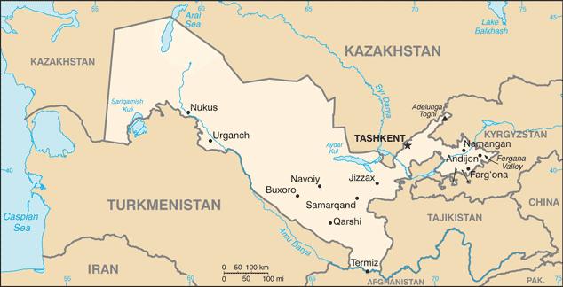 Uzbekistan Although a large part of the country is covered with a mostly flat and rolling sandy desert with dunes, and broad, flat, intensely irrigated river valleys along the Amu Darya, Syr Darya