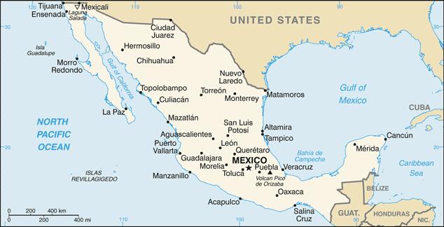 Mexico Mexico contains several mountain ranges. The Sierra Madre Occidental and the Sierra Madre Oriental run from north to south along the western and eastern sides of the country.