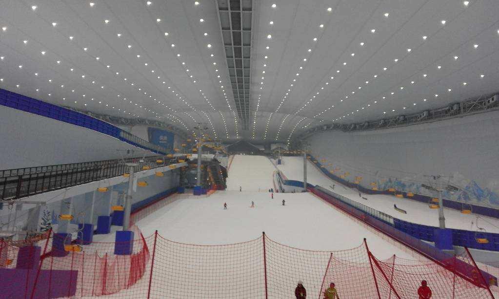 The huge complex in Harbin, North Eastern China, has six ski slopes up to 500 meters long and including some of the steepest indoor slopes yet built.