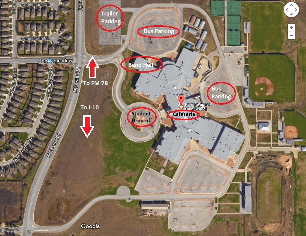 Wagner High School Map with traffic flow Bus Parking Trailer Parking/ extra Bus parking Competitor Entrance General Warm Up/ Floor Folding Percussion Percussion and Winds instrument unloading area.